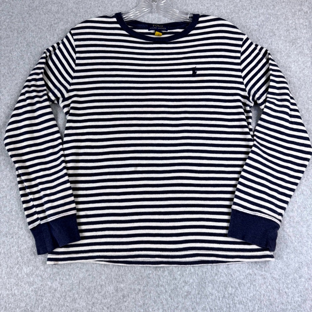Polo Ralph Lauren Boys L 14-16 Navy White Striped Ribbed Long Sleeve Shirt